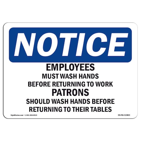 Signmission OSHA Sign, Employees And Patrons Wash Hands, 24in X 18in Rigid Plastic, 18" W, 24" L, Landscape OS-NS-P-1824-L-11960
